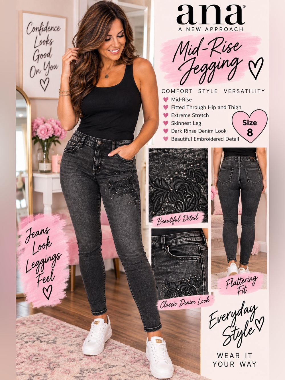 a.n.a Dark Rinse Mid-Rise Embroidered Jeggings